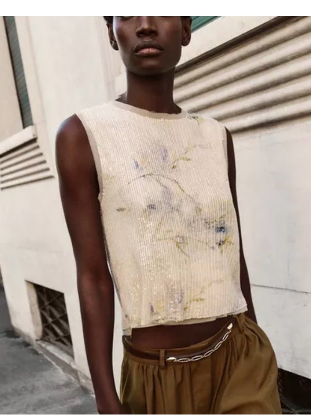 Zara Cream Sequin Floral-Accent Sleeveless knit tank size medium NWT